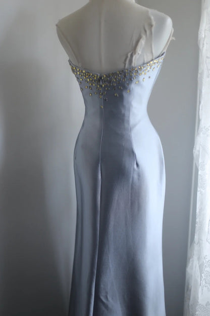 Sweetheart Light Blue Mermaid Satin Prom Dress Beaded Evening Dress  P1911