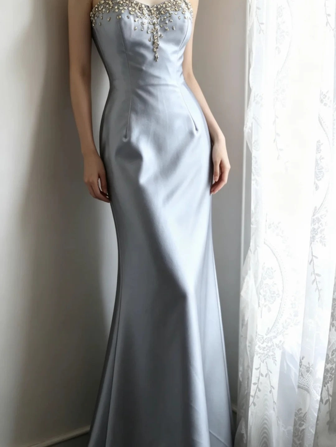 Sweetheart Light Blue Mermaid Satin Prom Dress Beaded Evening Dress  P1911