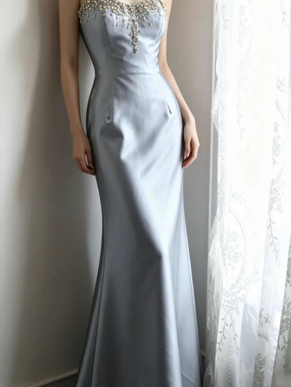 Sweetheart Light Blue Mermaid Satin Prom Dress Beaded Evening Dress  P1911