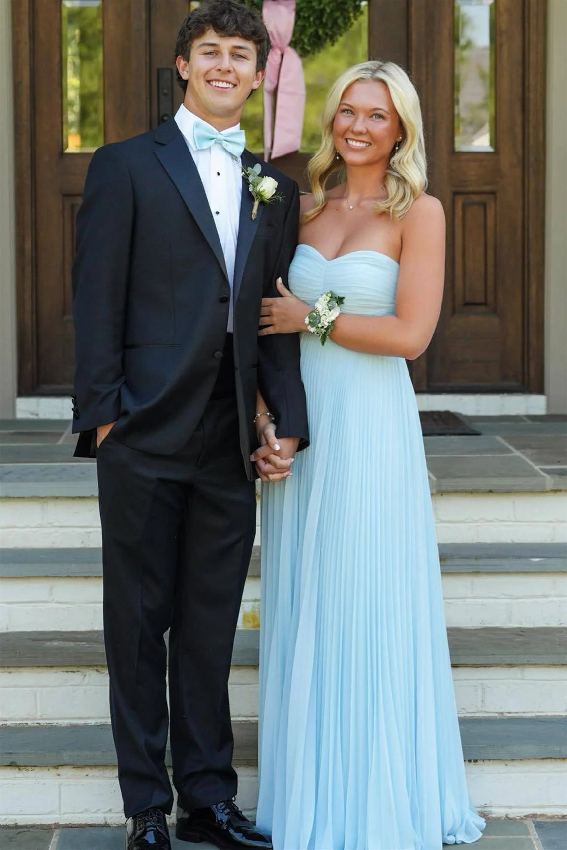 Sweetheart Light Blue Pleated A-Line Long Dress  P2515