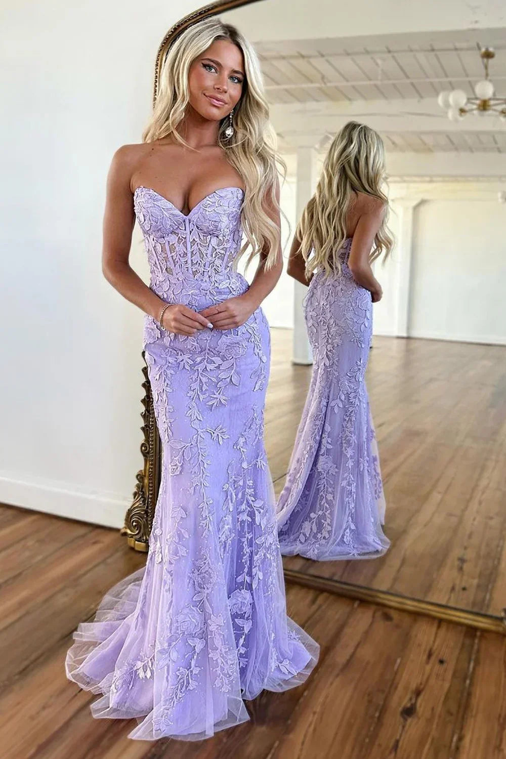 Sweetheart Lilac Mermaid Lace Prom Dress Tie Up Back Formal Dress  P961