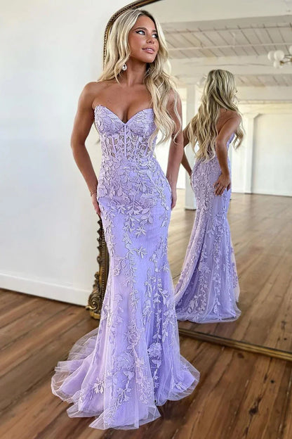 Sweetheart Lilac Mermaid Lace Prom Dress Tie Up Back Formal Dress  P961