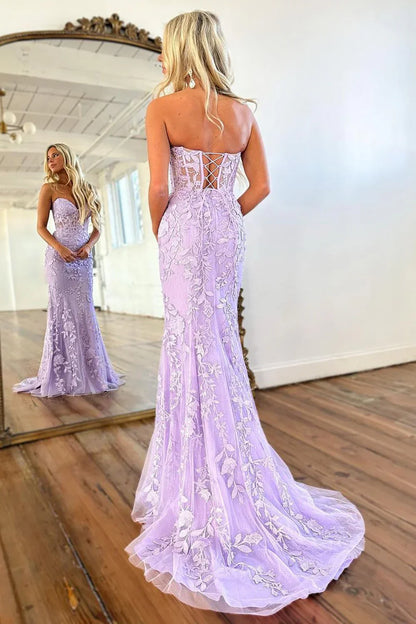 Sweetheart Lilac Mermaid Lace Prom Dress Tie Up Back Formal Dress  P961