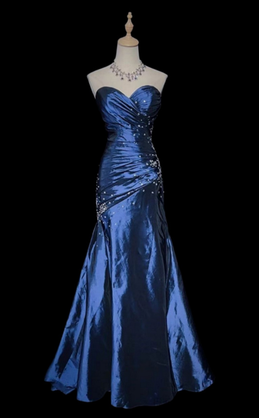Sweetheart Navy Blue Mermaid Prom Dress Vintage Taffeta Dress  P908