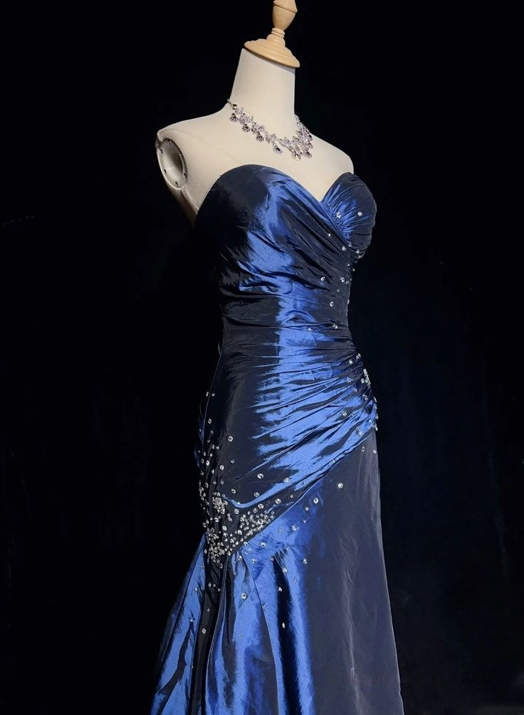 Sweetheart Navy Blue Mermaid Prom Dress Vintage Taffeta Dress  P908