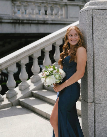 Sweetheart Navy Blue Mermaid Satin Formal Prom Dress  P1557