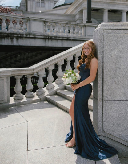 Sweetheart Navy Blue Mermaid Satin Formal Prom Dress  P1557