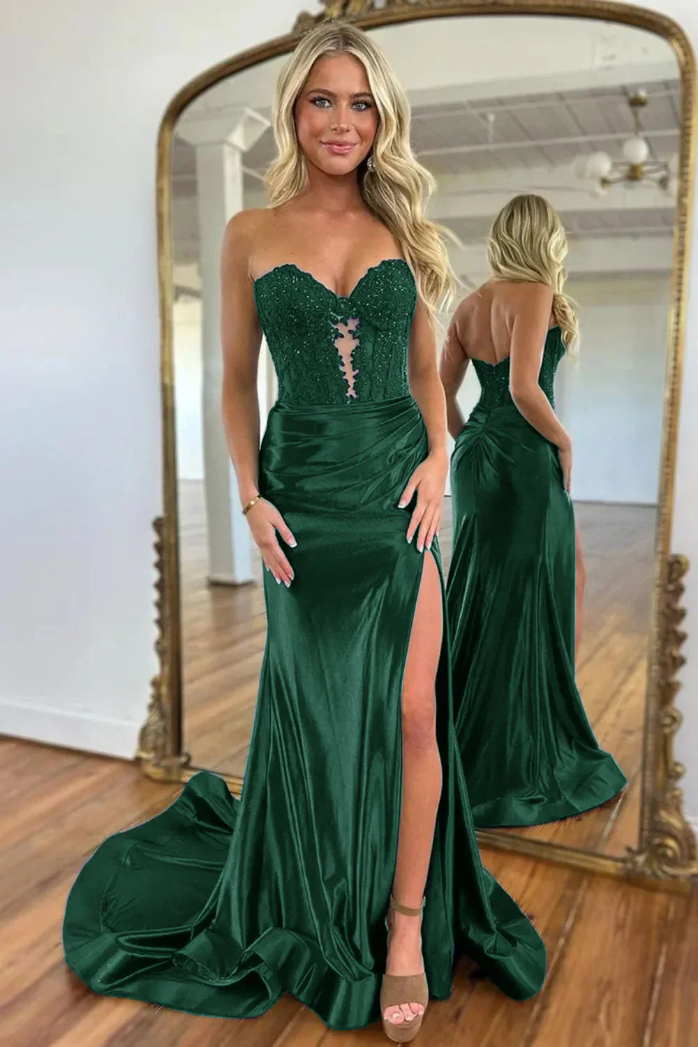 Sweetheart Navy Blue Satin Prom Dress Mermaid Formal Evening Dress  P959