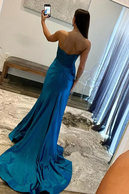 Sweetheart Navy Blue Satin Prom Dress Mermaid Formal Evening Dress  P959