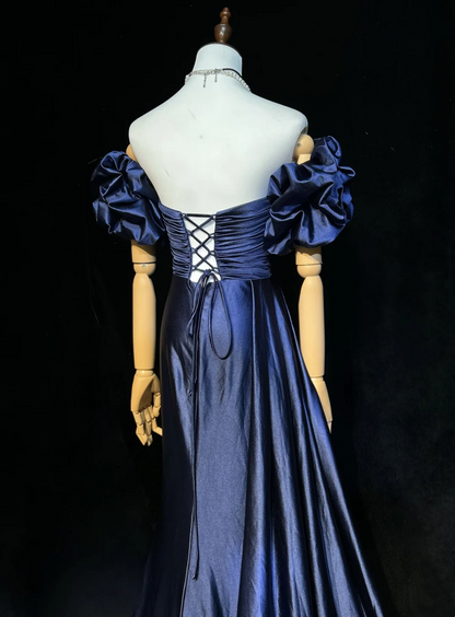 Sweetheart Navy Blue Satin Prom Dress Vintage Mermaid Evening Dress  P830