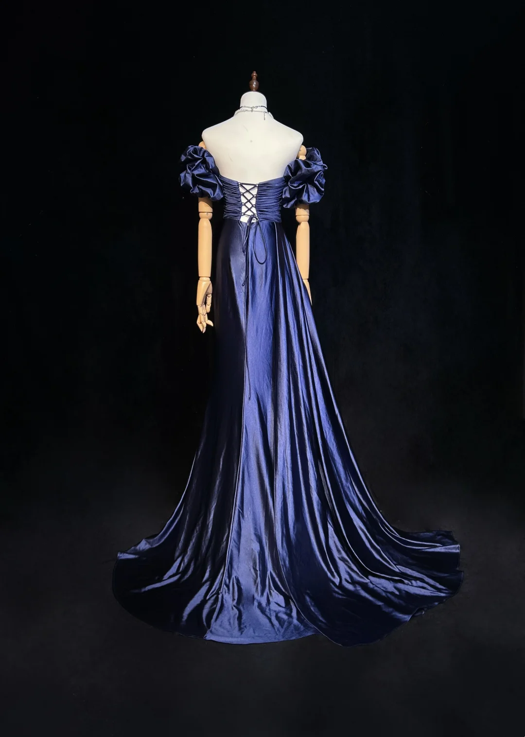 Sweetheart Navy Blue Satin Prom Dress Vintage Mermaid Evening Dress  P830