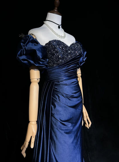 Sweetheart Navy Blue Satin Prom Dress Vintage Mermaid Evening Dress  P830