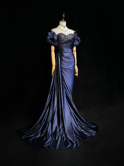 Sweetheart Navy Blue Satin Prom Dress Vintage Mermaid Evening Dress  P830