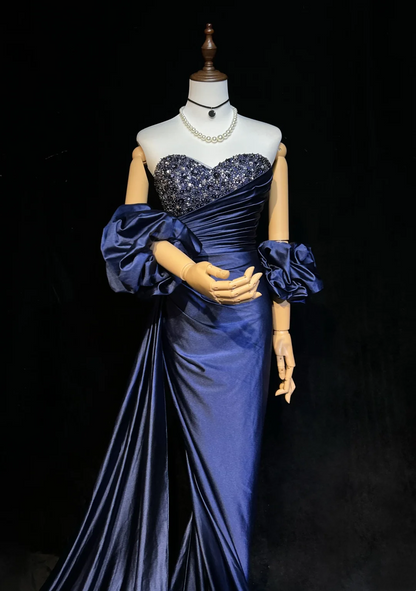 Sweetheart Navy Blue Satin Prom Dress Vintage Mermaid Evening Dress  P830