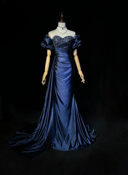 Sweetheart Navy Blue Satin Prom Dress Vintage Mermaid Evening Dress  P830