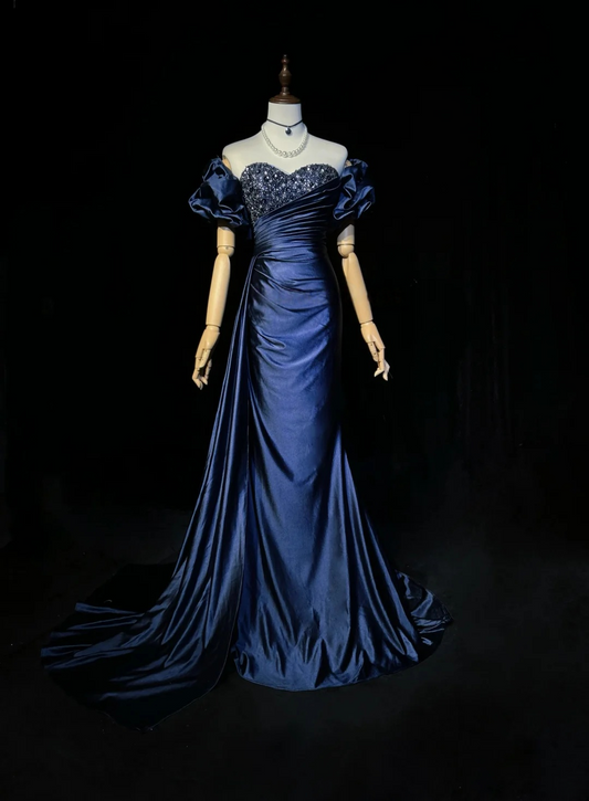 Sweetheart Navy Blue Satin Prom Dress Vintage Mermaid Evening Dress  P830