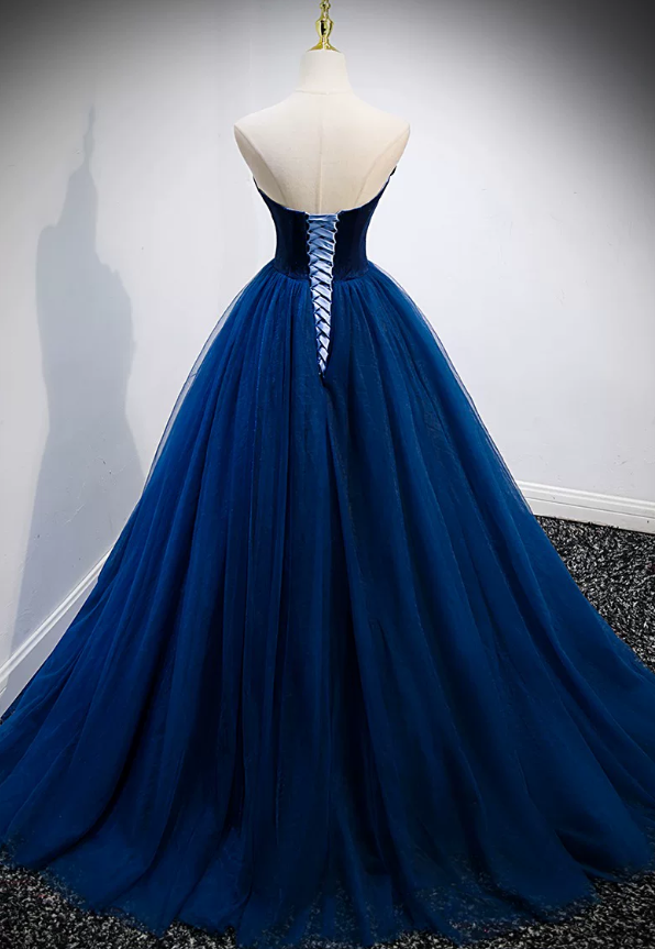 Sweetheart  Navy Blue Tulle Prom Dress A Line Velvet Birthday Gown  P1260