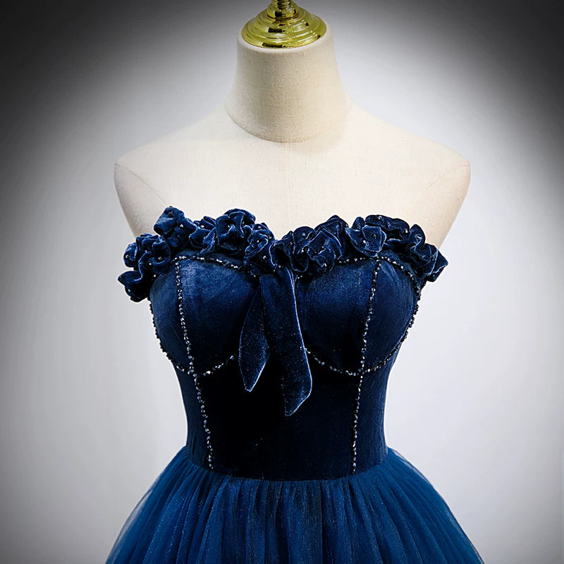 Sweetheart  Navy Blue Tulle Prom Dress A Line Velvet Birthday Gown  P1260