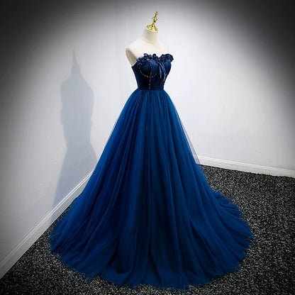 Sweetheart  Navy Blue Tulle Prom Dress A Line Velvet Birthday Gown  P1260