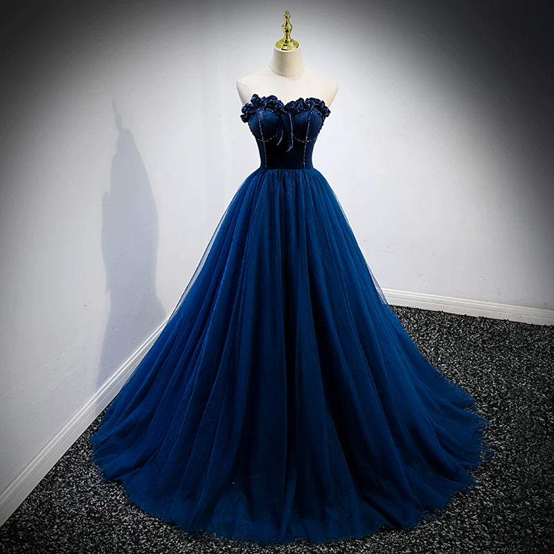 Sweetheart  Navy Blue Tulle Prom Dress A Line Velvet Birthday Gown  P1260