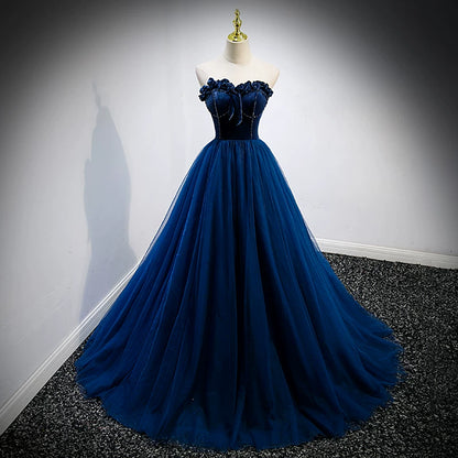 Sweetheart  Navy Blue Tulle Prom Dress A Line Velvet Birthday Gown  P1260