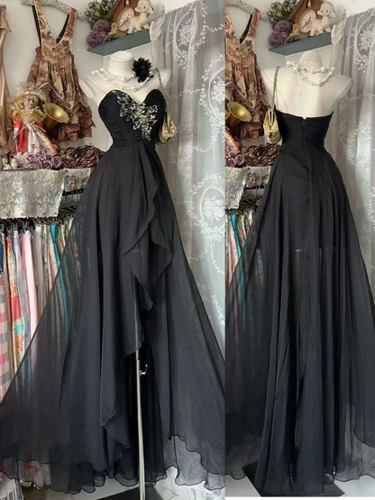 Sweetheart Neck Black Retro Prom Dress Beaded Evening Gown  P2683