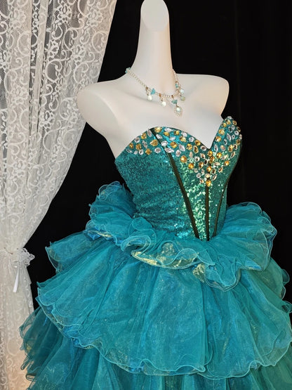 Sweetheart Neck Layered A Line Teal Tulle Birthday Dress  P2664
