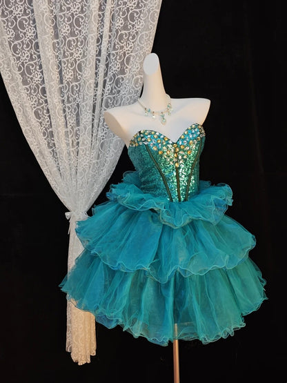 Sweetheart Neck Layered A Line Teal Tulle Birthday Dress  P2664
