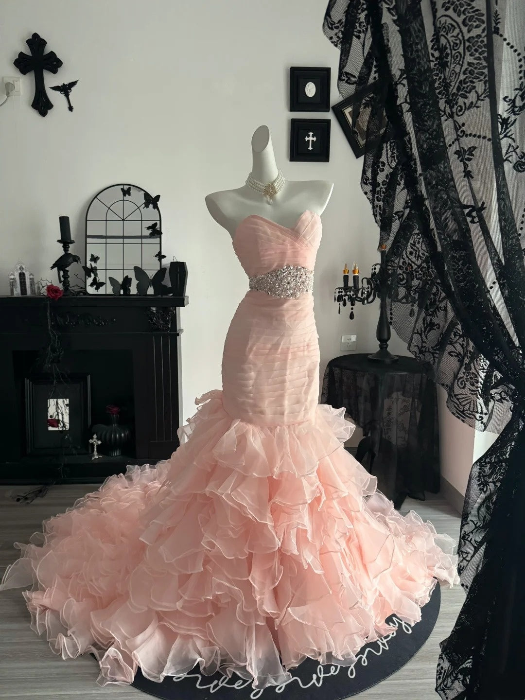 Sweetheart Neck Pink Mermaid Layered Prom Dress Beaded Evening Gown  P2674