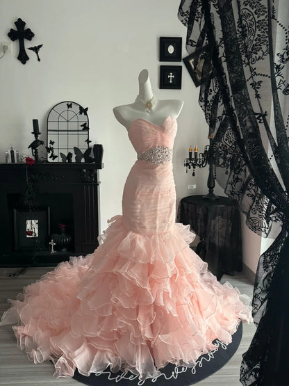 Sweetheart Neck Pink Mermaid Layered Prom Dress Beaded Evening Gown  P2674