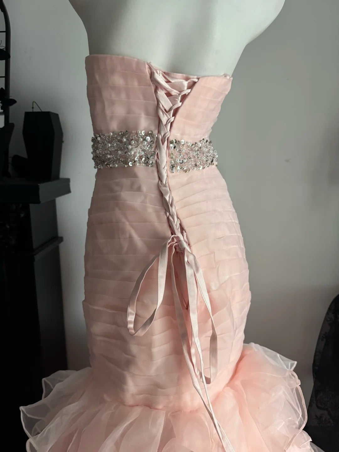 Sweetheart Neck Pink Mermaid Layered Prom Dress Beaded Evening Gown  P2674