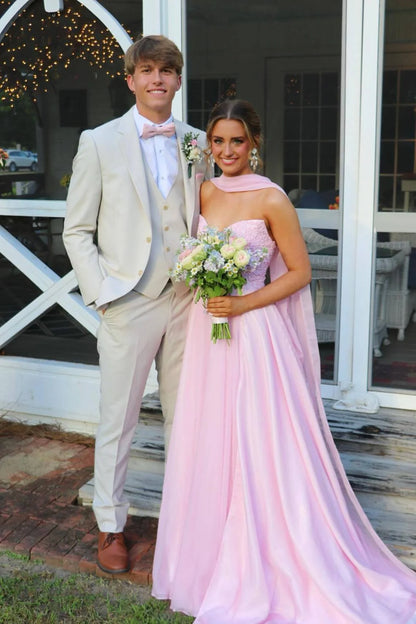 Sweetheart Pink Appliques Long Prom Dress With Scarf  P2514