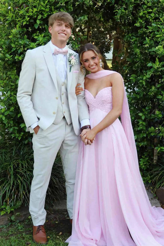 Sweetheart Pink Appliques Long Prom Dress With Scarf  P2514