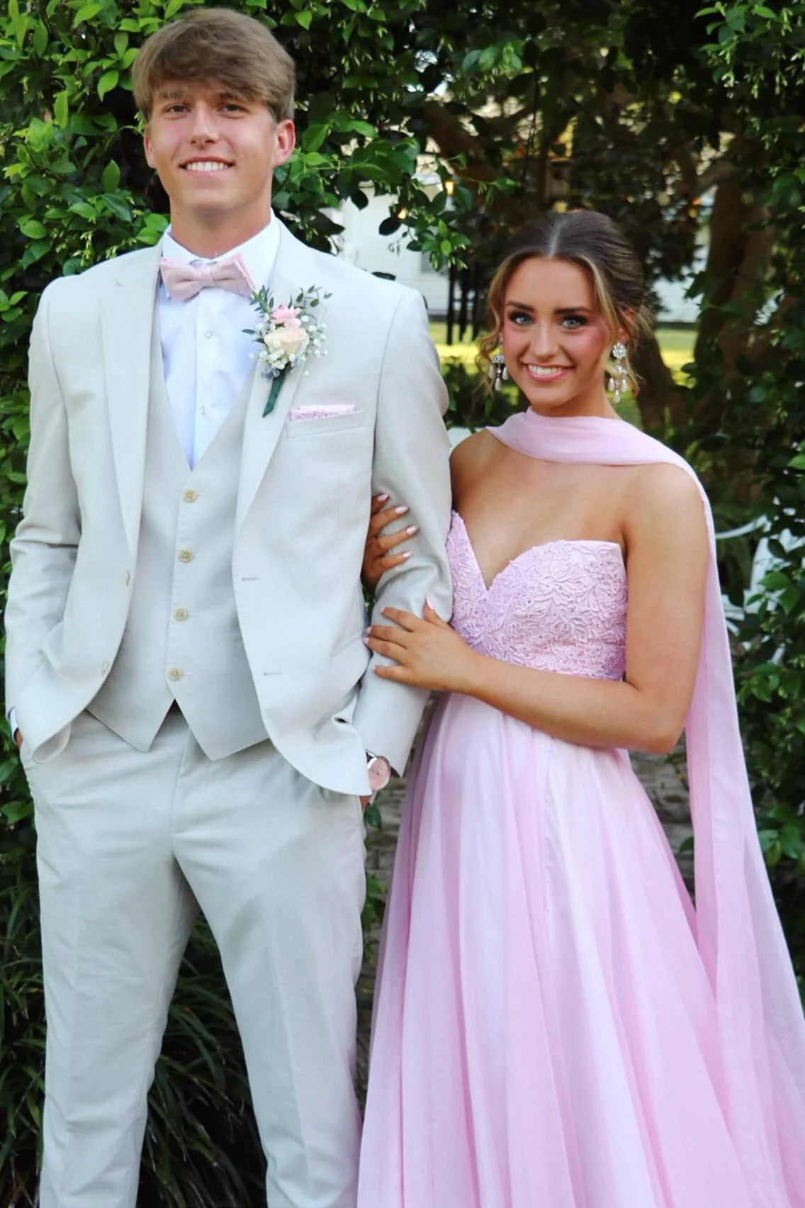 Sweetheart Pink Appliques Long Prom Dress With Scarf  P2514