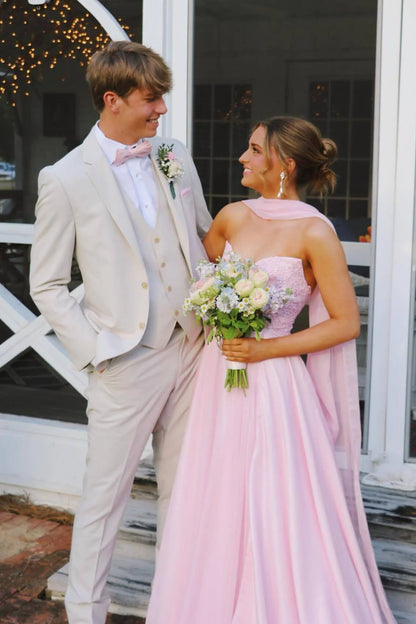 Sweetheart Pink Appliques Long Prom Dress With Scarf  P2514