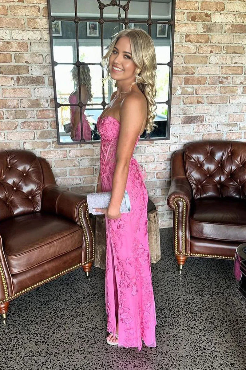 Sweetheart Pink Mermaid Appliques Long Prom Dress With Slit  P708