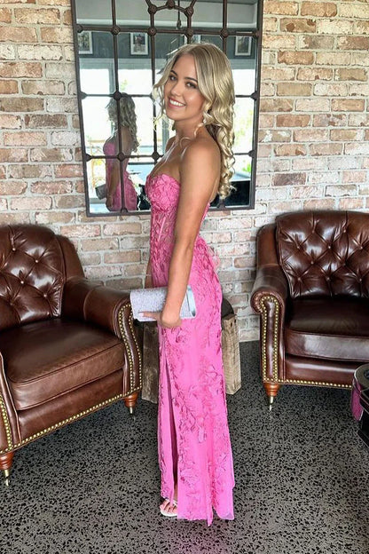 Sweetheart Pink Mermaid Appliques Long Prom Dress With Slit  P708