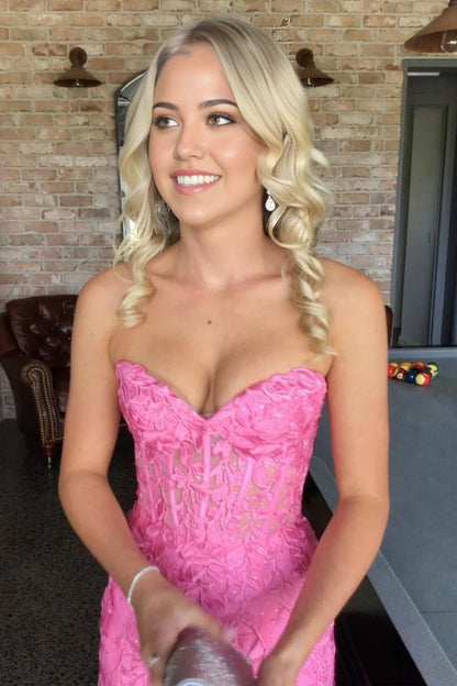 Sweetheart Pink Mermaid Appliques Long Prom Dress With Slit  P708