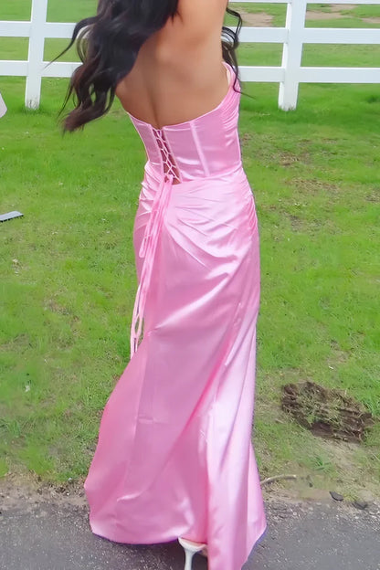 Sweetheart Pink Sheath Satin Prom Dress With Slit  P1138