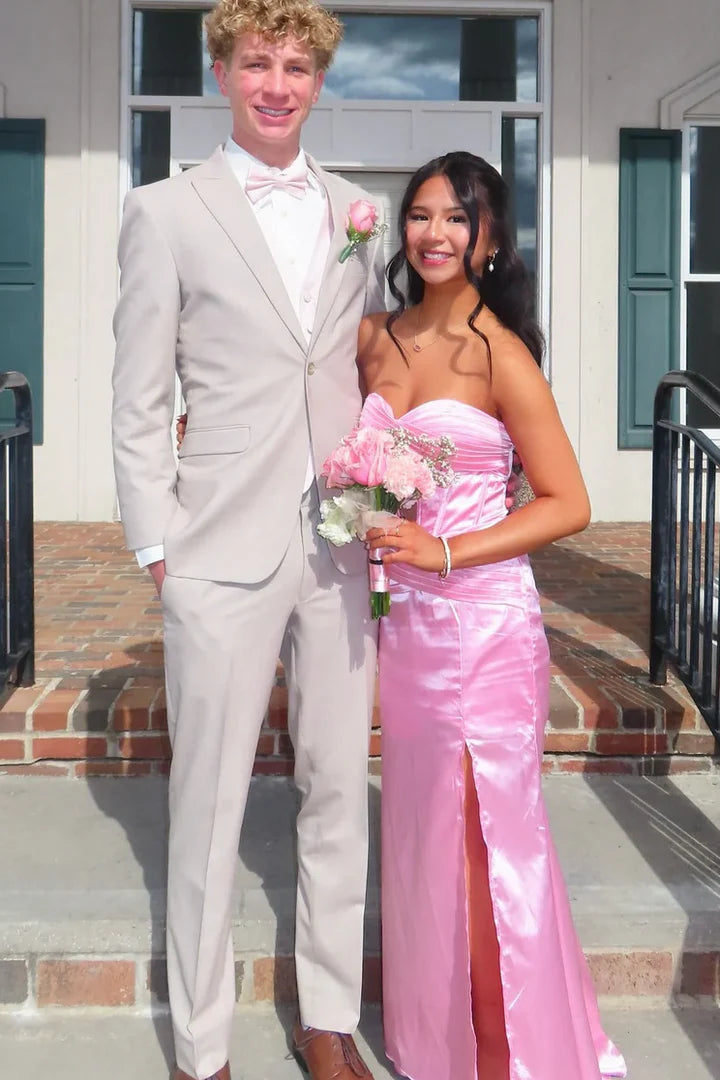 Sweetheart Pink Sheath Satin Prom Dress With Slit  P1138