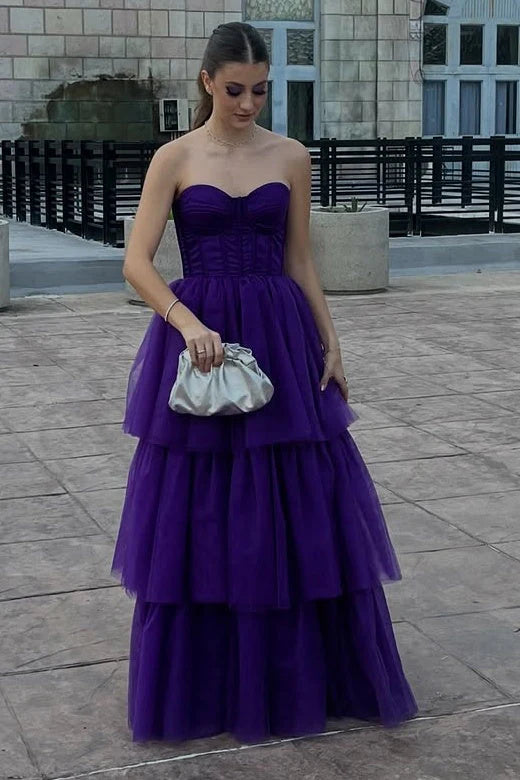 Sweetheart Purple A Line Tulle Prom Dress Layered Wedding Guest Dress  P1117