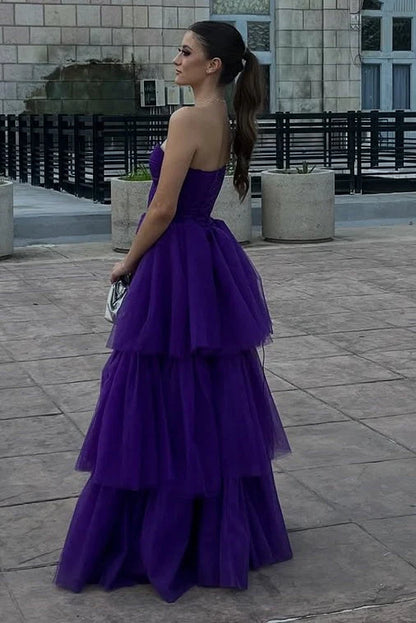 Sweetheart Purple A Line Tulle Prom Dress Layered Wedding Guest Dress  P1117