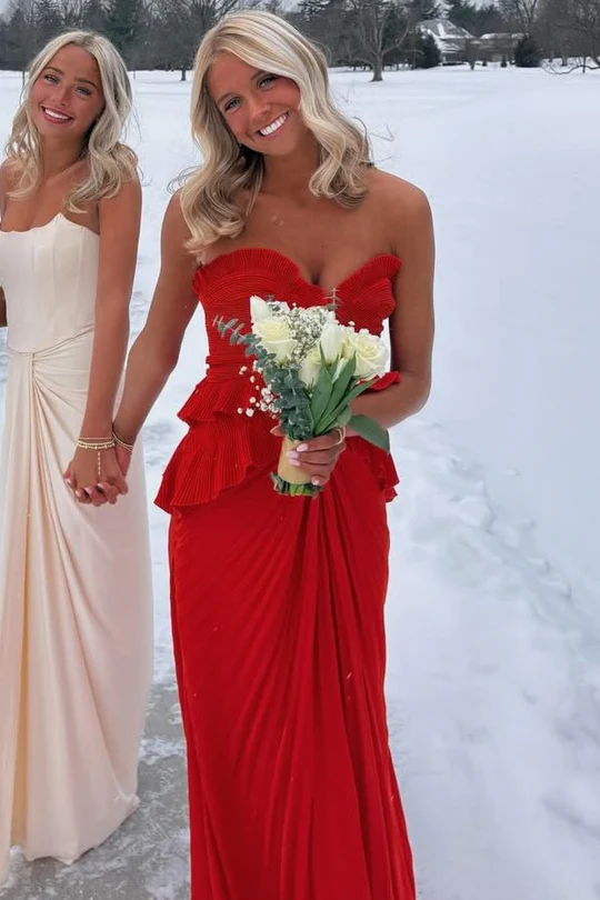 Sweetheart Red Ruffles Pleated A Line Long Prom Dress P841