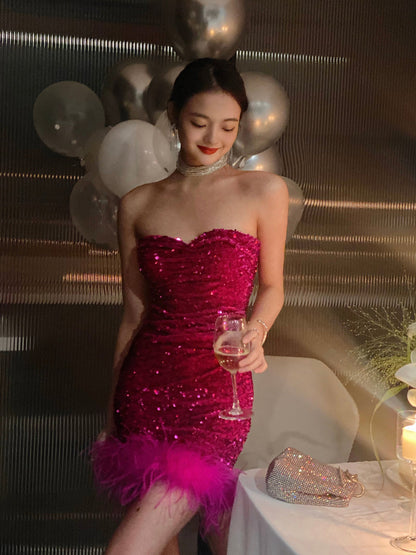 Sweetheart Rose Pink Sequin Homecoming Dress Mini Birthday Dress   P2147