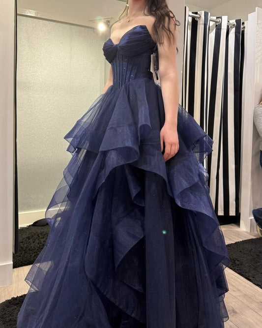 Sweetheart Ruffled Navy Blue Tulle Formal Prom Dress  P2626