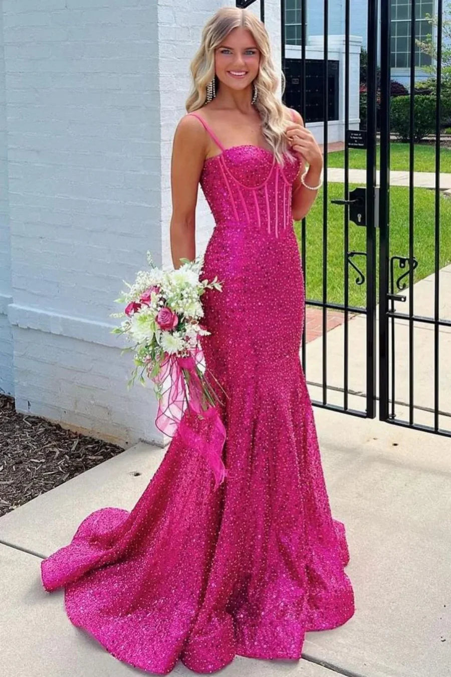 Sweetheart Spaghetti Straps Mermaid Sequins Formal Prom Dress  P1015