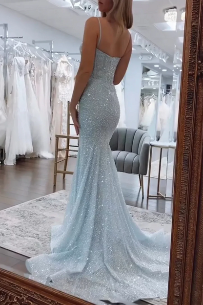 Sweetheart Spaghetti Straps Mermaid Sequins Formal Prom Dress  P1015