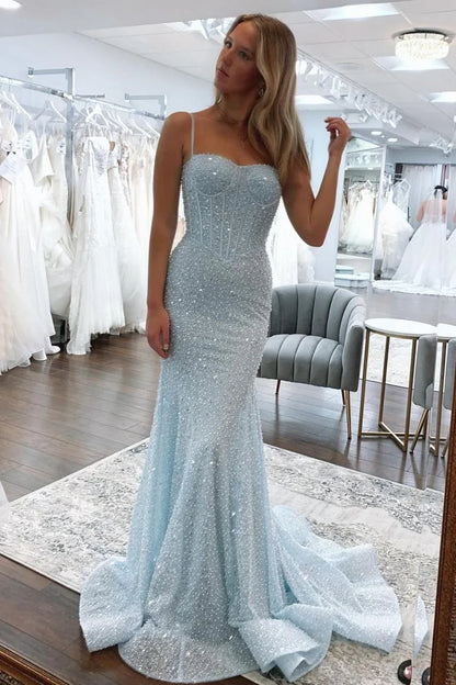 Sweetheart Spaghetti Straps Mermaid Sequins Formal Prom Dress  P1015