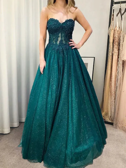 Sweetheart Teal Sparkle Tulle Prom Dress With Appliques P978