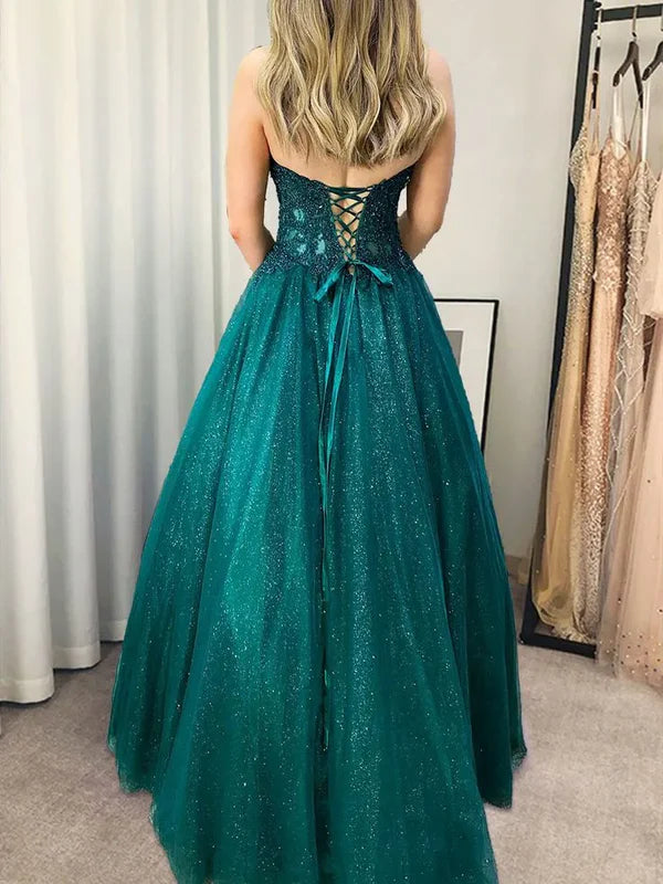 Sweetheart Teal Sparkle Tulle Prom Dress With Appliques P978